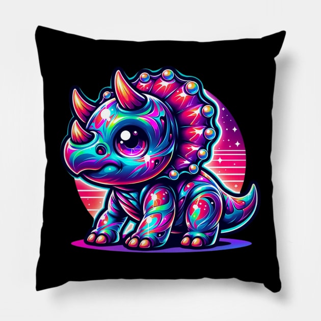 Neon Baby Dino Triceratops Kawaii Chibi Anime Pillow by Lavender Celeste
