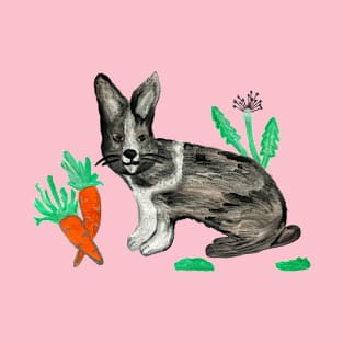 Rabbit with Carrots and Dandelions Pink Painting T-Shirt