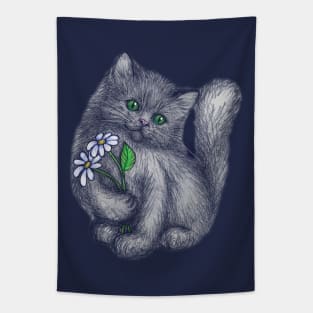 Cute Kitten with Daisies Tapestry