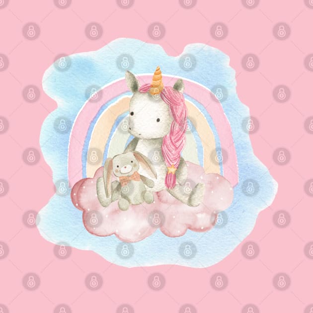 Cute pink baby unicorn with her favourite bunny toy sitting on a fluffy pink cloud by Vallia Rose