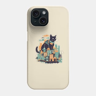 Black cat sitting in front of a colourful city Phone Case