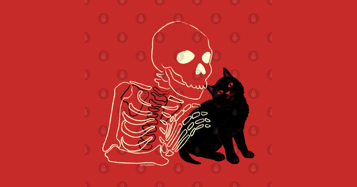 Skeleton and Kitten - Skeleton Halloween - Posters and Art Prints