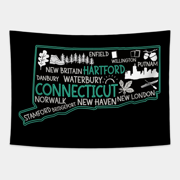 Connecticut Hartford cute map Waterbury New Haven Enfield Willington Putnam Norwalk Stamford Bridgeport Danbury Tapestry by BoogieCreates