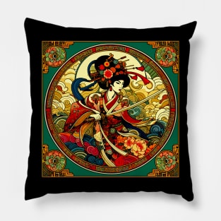 Chinese Woman Swordfighter in Art Deco Style Pillow