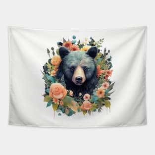 Nature's Embrace: Vintage Black Bear Botanical Illustration Tapestry