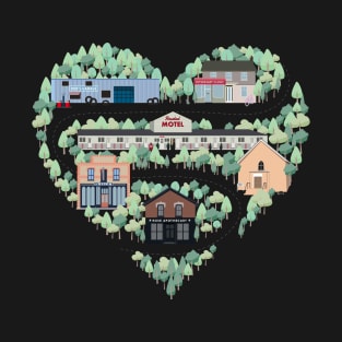 I Love the Town of Schitt's Creek, where everyone fits in. From the Rosebud Motel to Rose Apothecary, a drawing of the Schitt's Creek Buildings T-Shirt