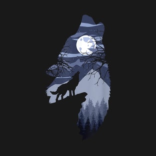Forest with Full-Moon and Cliff Of Silhouette Howling Wolf T-Shirt