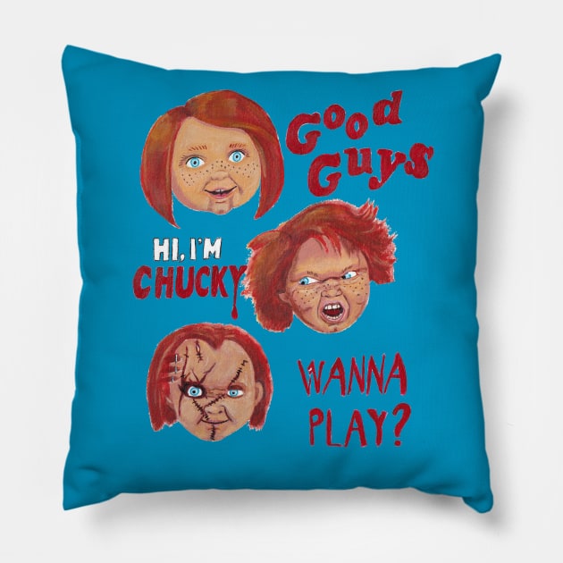 Chucky Doll Faces Pillow by tesiamarieart