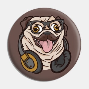 Hipster Pug with Headphones and Glasses Pin