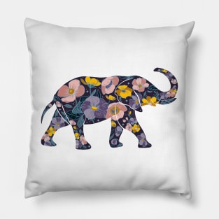 Floral Elephant Silhouette - Blue Pillow