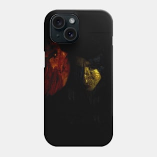 Portrait, collage, special processing. Man, dark costume, long hair, looking down. On left demon of gold. Gold and orange. Phone Case