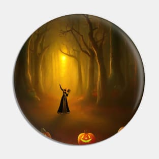 Witch girl in the enchanted forest with pumpkins Pin