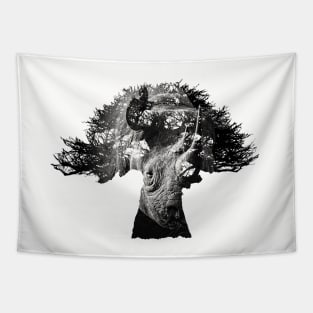 Baobab in Silhouette with Black Rhino Face Overlay Tapestry