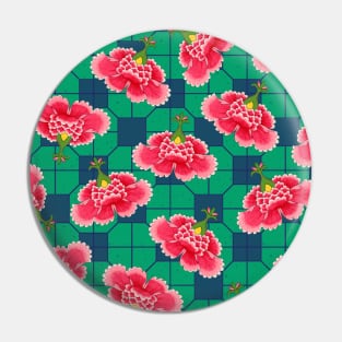 Chinese Vintage Pink and Red Flowers with Green and Blue Tile - Hong Kong Traditional Floral Pattern Pin