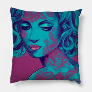 Retro Rose Girl in blue Pillow