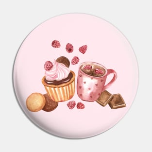 Raspberry cupcake and Hot Chocolate Watercolor Illustration Pin