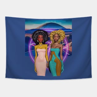 Two Afro Fashion Dolls with halo on desert road Tapestry