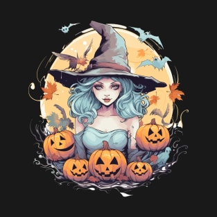 Witchy Cartoon Bust in Spiky Hat - Halloween Delight T-Shirt