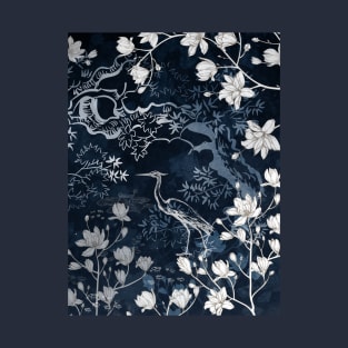 Heron bird on dark background with magnolia e sakura tree T-Shirt