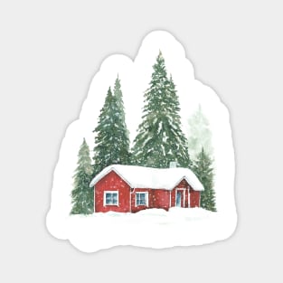 Christmas winter trees with red house. Magnet