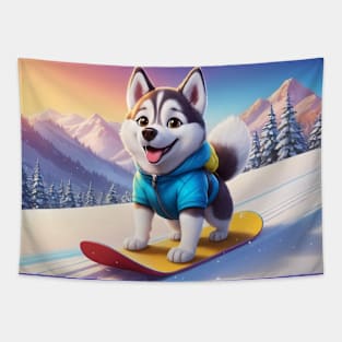 Cute Husky Dog on Snowboard Tapestry