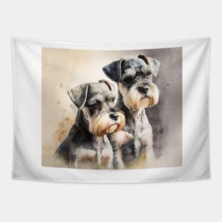 Two Miniature Schnauzers Playing Watercolour Painting Tapestry