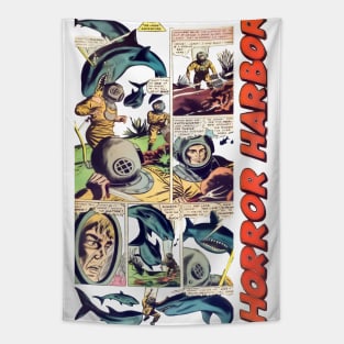 Horror Harbor Sharks Underwater Ocean Comic Tapestry