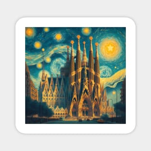 Barcelona, Spain, in the style of Vincent van Gogh's Starry Night Magnet