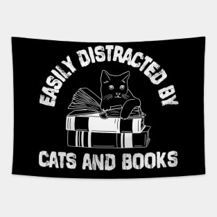 Easily Distracted by Cats and Books Funny Cat & Book Lover Tapestry