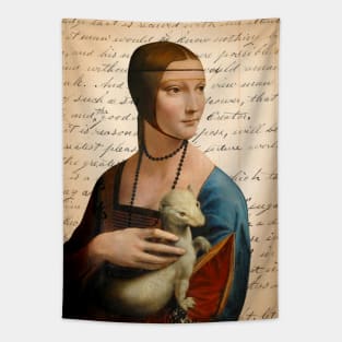 Lady with Ermine Famous Painting on Antique Journal Page Tapestry