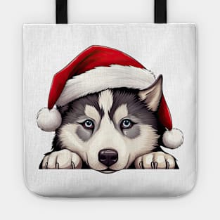 Christmas Peeking Siberian Husky Dog Tote