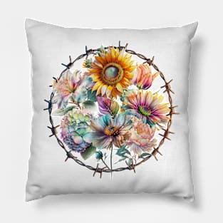 Flowers In A Circle Made Of Barbed Wire Pillow