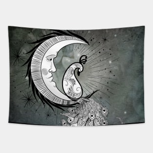 Wonderful peacock on a moon in black and white Tapestry