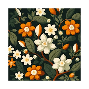 Vintage looking flowers in cream and orange with green leaves. T-Shirt