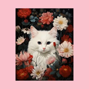 Feline Garden Delight: Retro Vintage Fluffy White Cat surrounded in Flowers T-Shirt