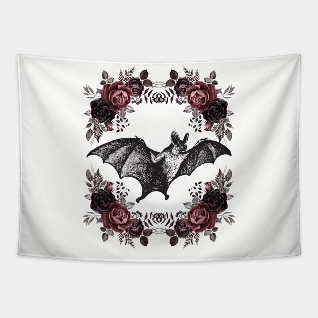 Romantic Dark Academia Gothic Floral Bat Tapestry by Curio Pop Relics