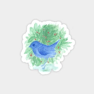 blue bird and shrub watercolor painting Magnet