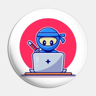 Cute Ninja Working On Laptop Cartoon Pin