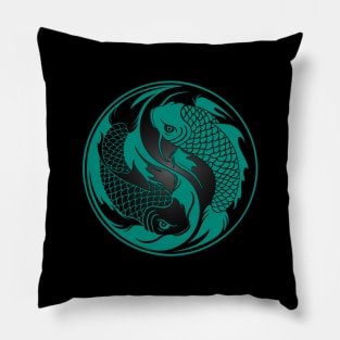 Teal Blue and Black Yin Yang Koi Fish Pillow