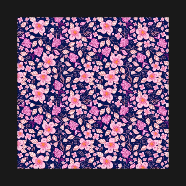 Sakura flower blooms on dark blue by IngaDesign