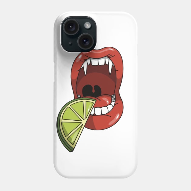 Mouth with vampire teeth about to take a bite into slice of lime Phone Case by Fruit Tee