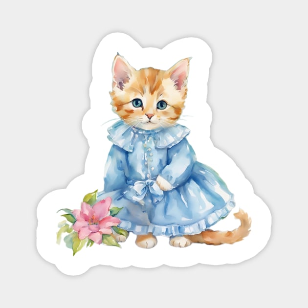 Cute ginger kitten in a blue dress Magnet by SophieClimaArt