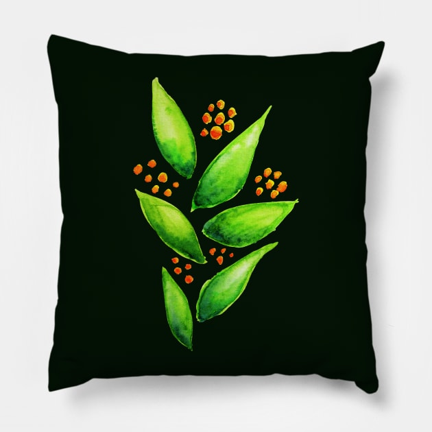 Abstract Watercolor Green Plant With Orange Berries Pillow by Boriana Giormova