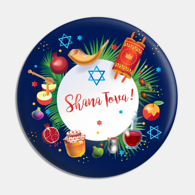 Happy Rosh Hashanah - Shana Tova! Autumn New Year Jewish Holiday Paty. Honey and Apple, Pomegranate, Shofar, Star of David, traditional symbols, torah, shofar, pomegranates, star of David, tropical palm tree leaves. Navy Blue Decoration Pin by sofiartmedia