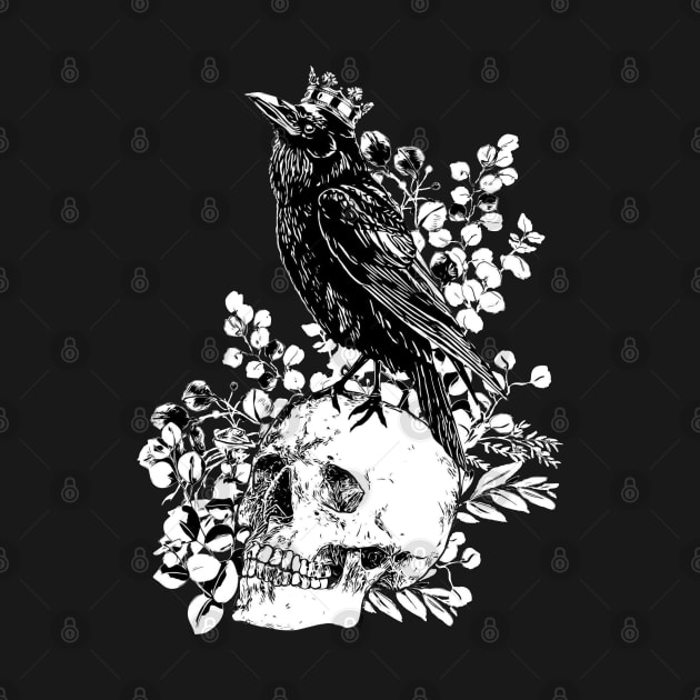 Black raven with skull and crow, skeleton eucaliptus leaves, black and white by Collagedream