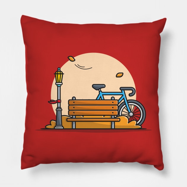 Bike in Park with Bench And Street Lamp Cartoon Vector Icon Illustration Pillow by Catalyst Labs