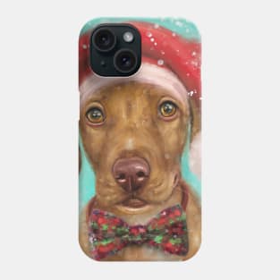 Painting of a Cute Christmas Vizsla Puppy with Red Santa Hat and a Festive Bow Tie Phone Case