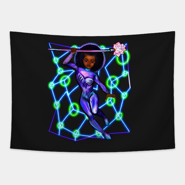 Black anime superhero girl from outer space with lights 2 ! beautiful  black girl with Afro hair, brown eyes, Cherry pink lips and dark brown skin. Hair love ! Tapestry by Artonmytee