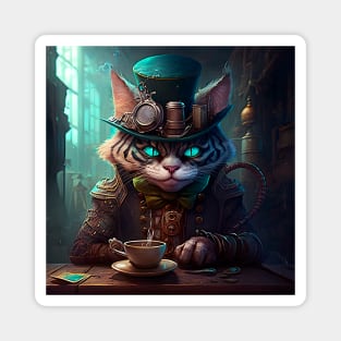 Steampunk Cheshire Cat & Coffee Retro Alice in Wonderland Magnet