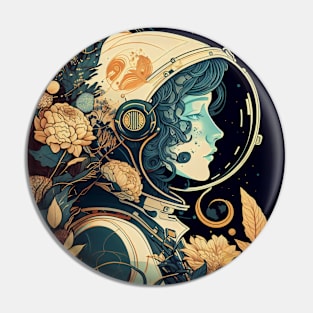 Female Astronaut Vintage Art Nouveau Alphonse Mucha Style Pin